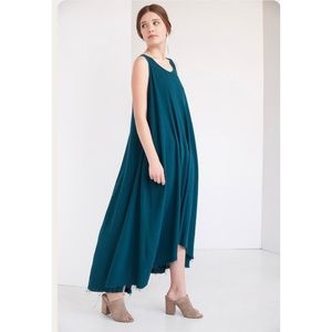 Black Crane Linen Maxi Dress Teal Green XS